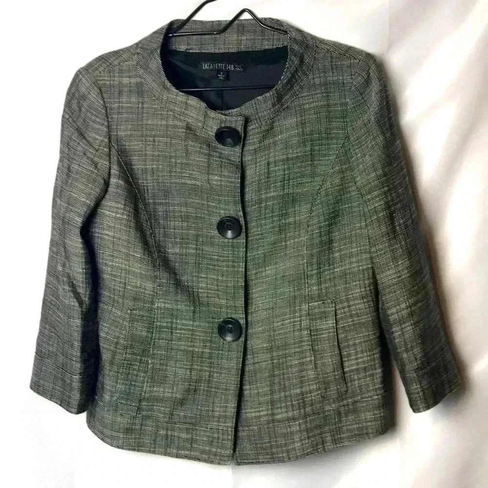 LAFAYETTE 148 WO SZ 4 SUIT JACKET BLACK SMALL PLAID HOOD SOLID‎ CLEAN CONDITION